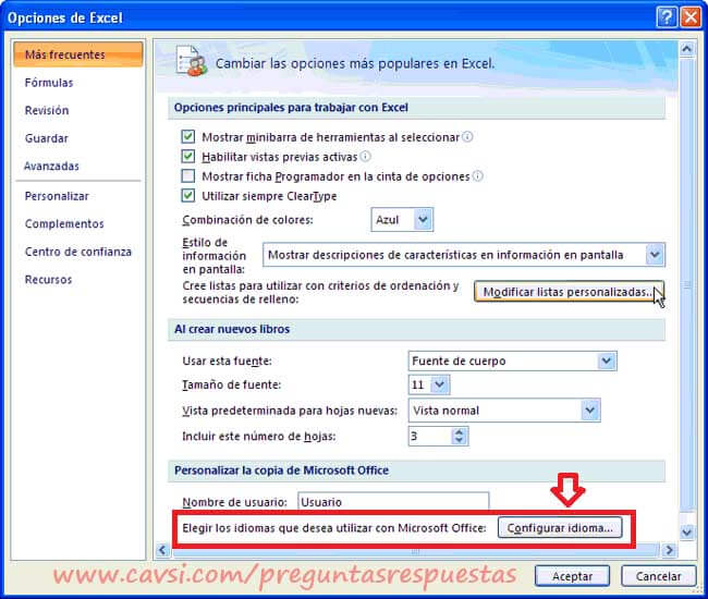 cambiar idioma de excel