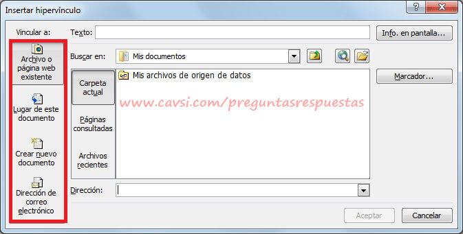 tipos de hipervinculo en excel