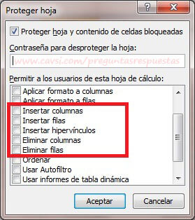 Deshabilitar filas y columnas Excel